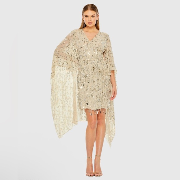 New MAC DUGGAL Cape Back Fringe Beaded Robe Dress – Size Medium – 94044 – Nude - Picture 1 of 8